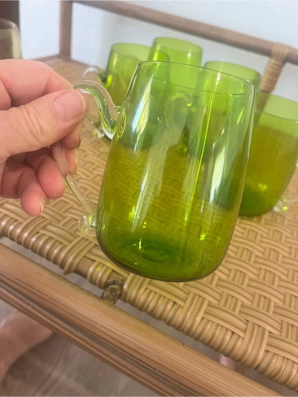 Vintage Mid-Century Modern Hand Blown Glass Supplied Handle Mugs Set Of Six